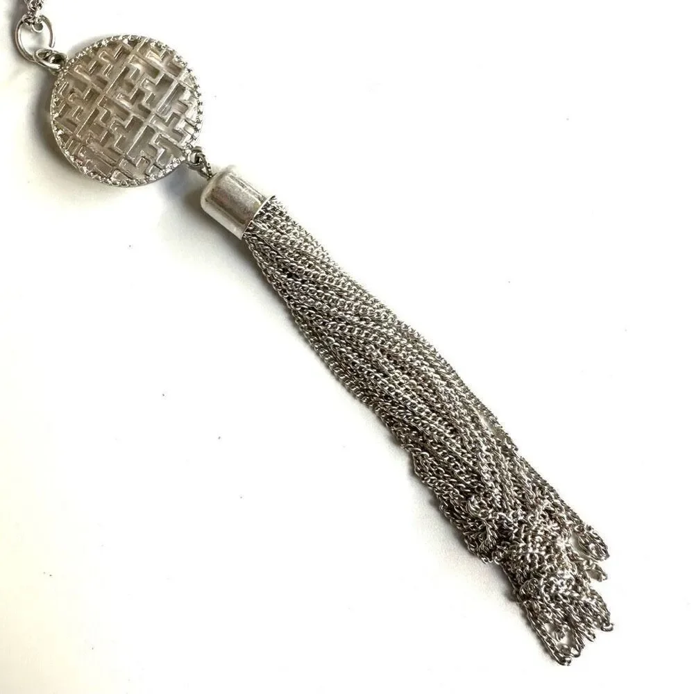 Silver tone long tassel necklace